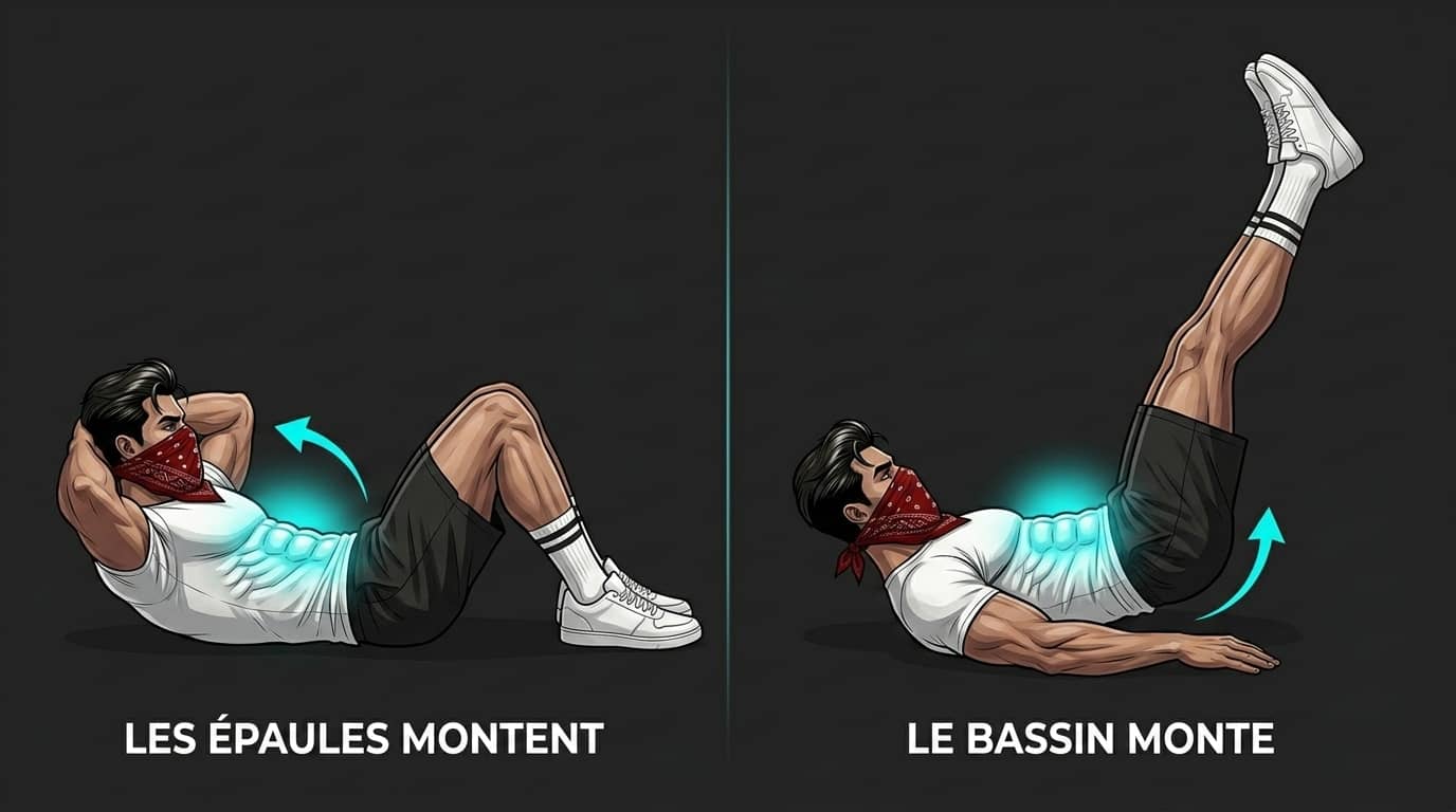 Comparaison entre le crunch, où les épaules montent et sollicitent le haut des abdos, et le relevé de jambes, où le bassin monte et recrute les fibres basses