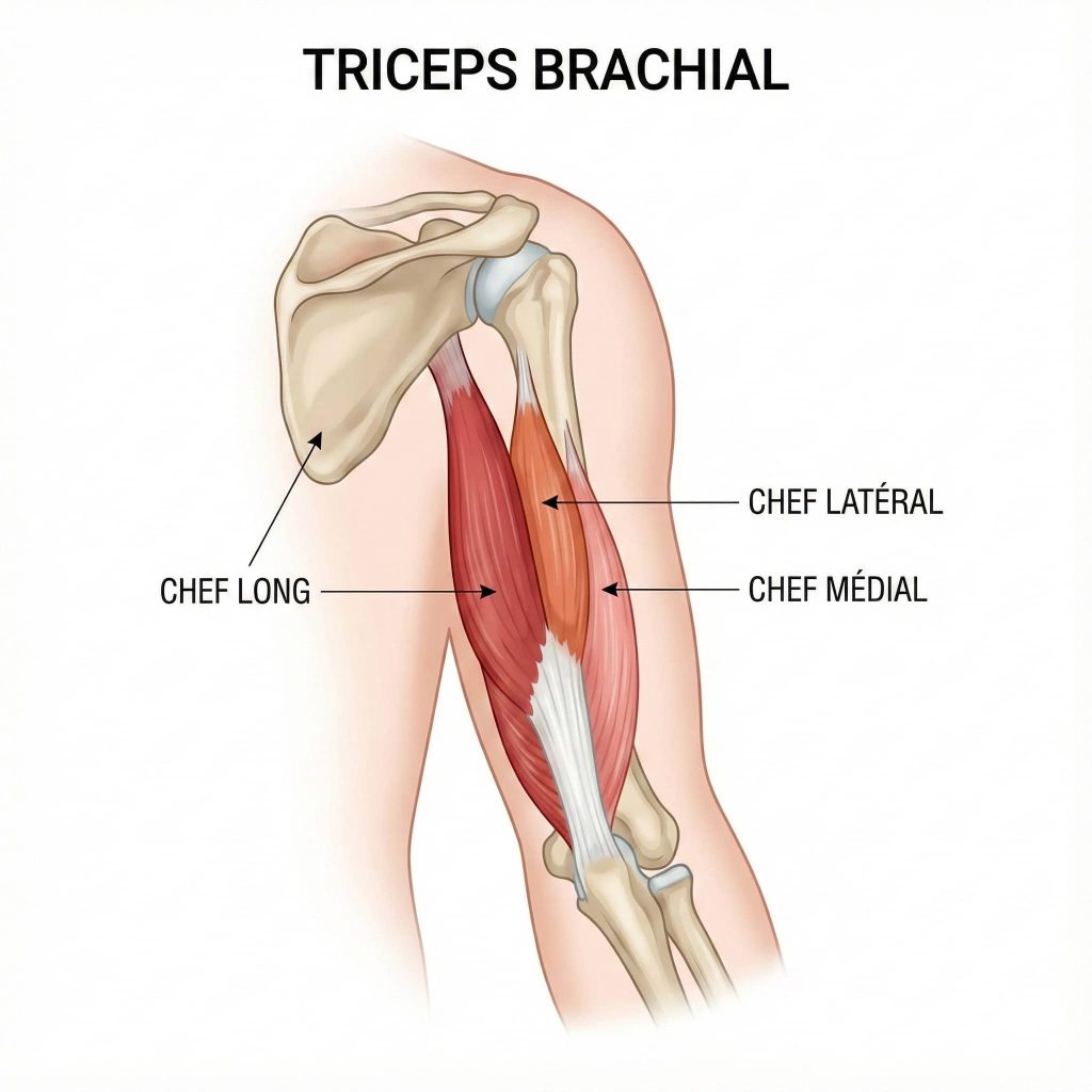 Les trois chefs du triceps brachial : chef long, chef latéral et chef médial