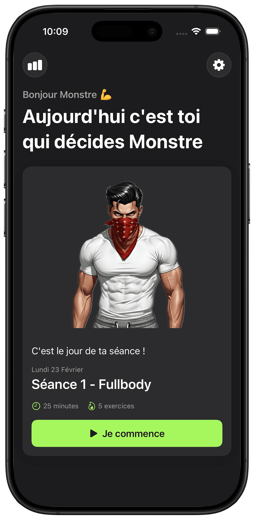 Application Callisthénie Corner sur iPhone, écran d'accueil avec programme personnalisé