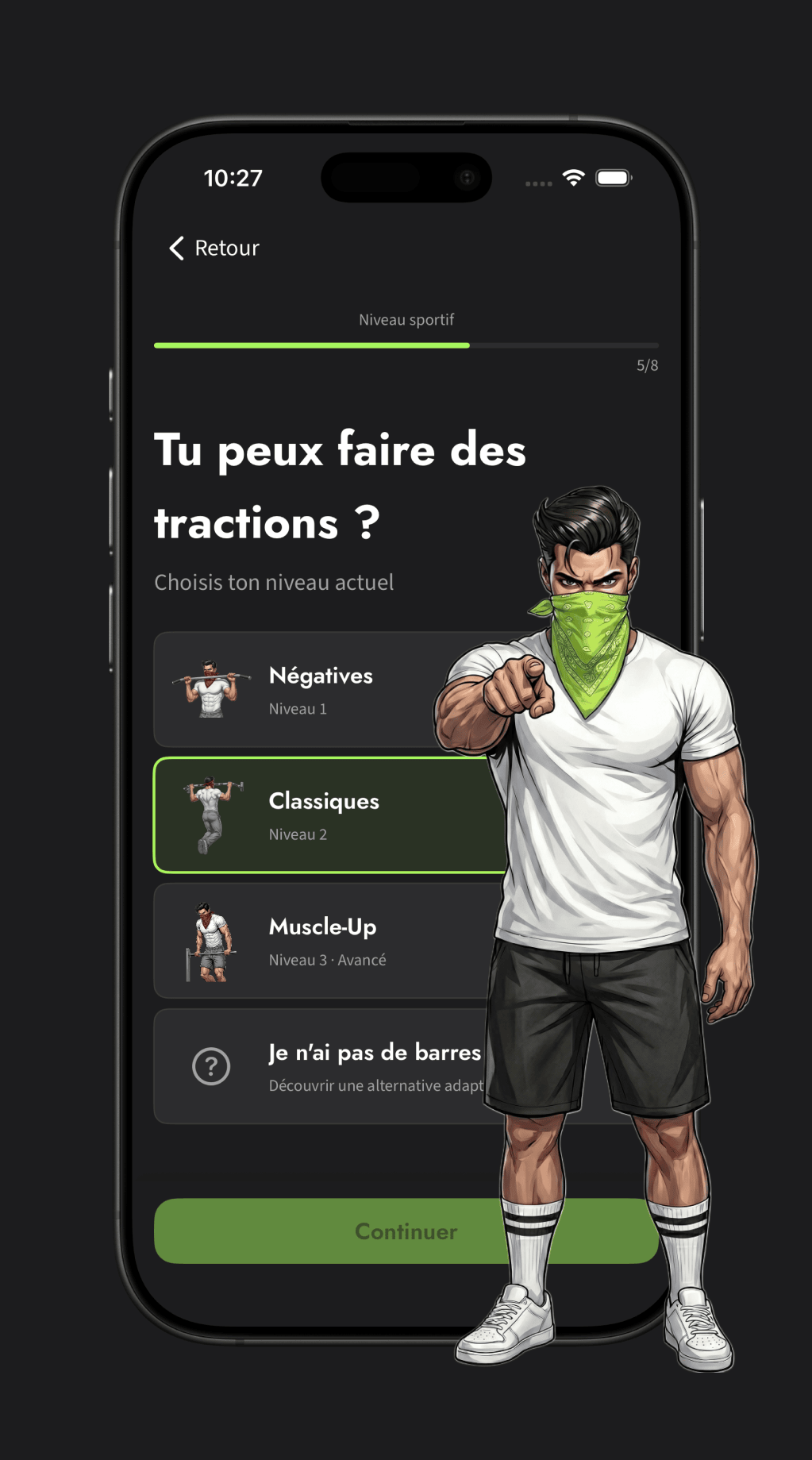 Application Callisthénie Corner sur iPhone : onboarding « Tu peux faire des tractions ? » avec la mascotte au bandana vert