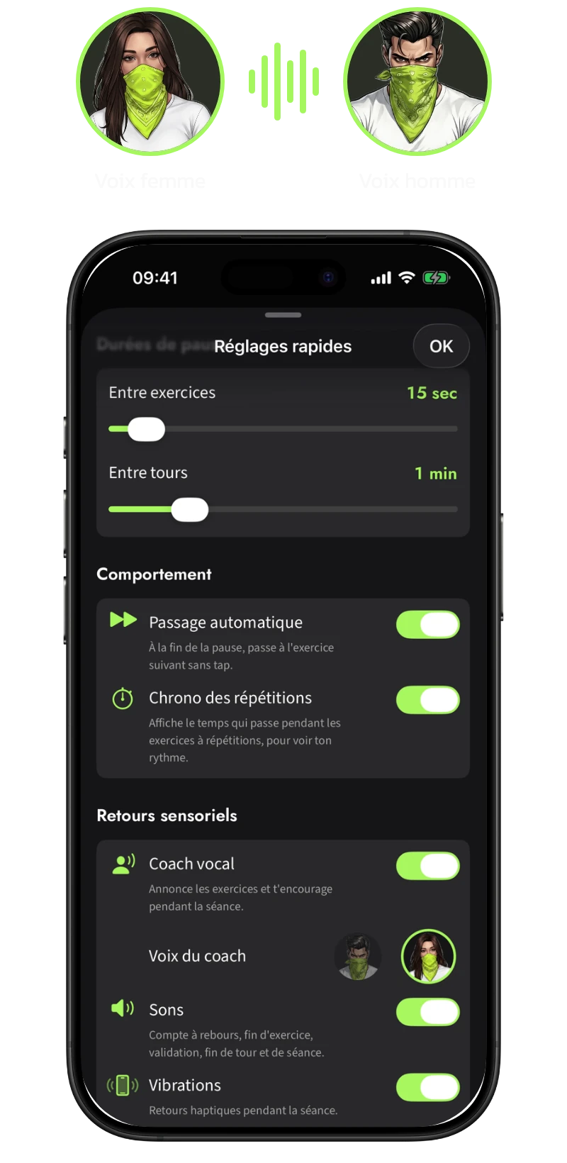 Application Callisthénie Corner sur iPhone : réglages du coach vocal, avec au choix une voix de femme ou une voix d'homme