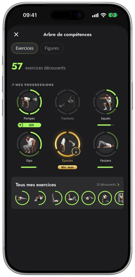 Arbre des exercices dans Callisthénie Corner : 57 exercices découverts, progressions en pompes, tractions, squats, dips, épaules et fessiers