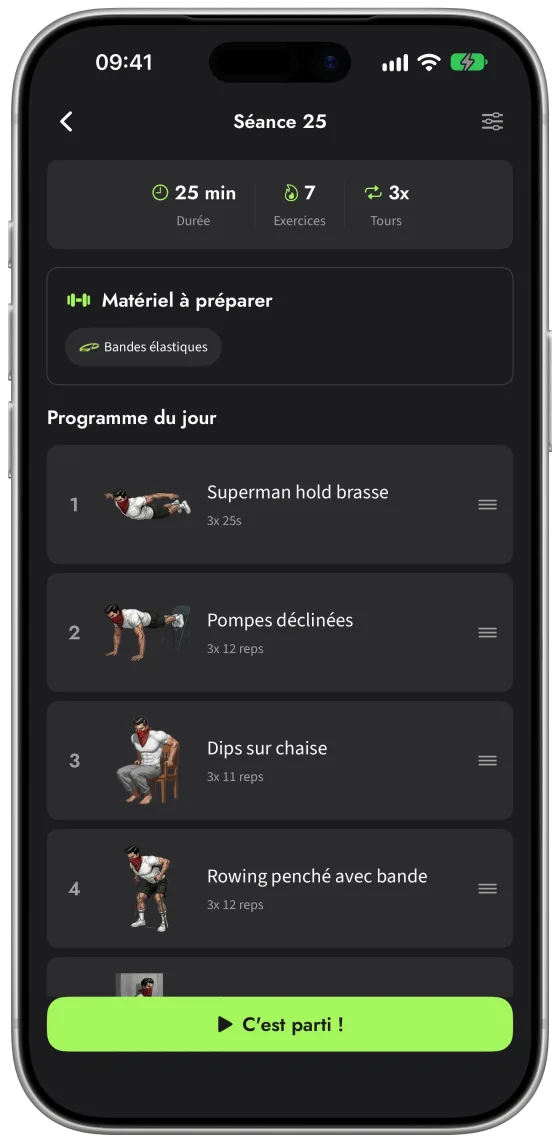 Séance du jour dans Callisthénie Corner : 25 minutes, 7 exercices en 3 tours, matériel à préparer