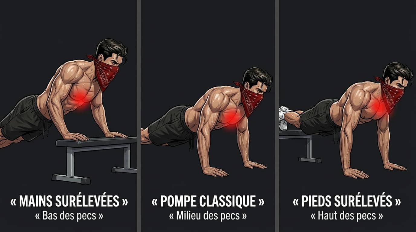 Trois angles de pompe et la zone du pectoral qu'ils chargent : mains surélevées pour le bas des pecs, pompe classique pour le milieu, pieds surélevés pour le haut