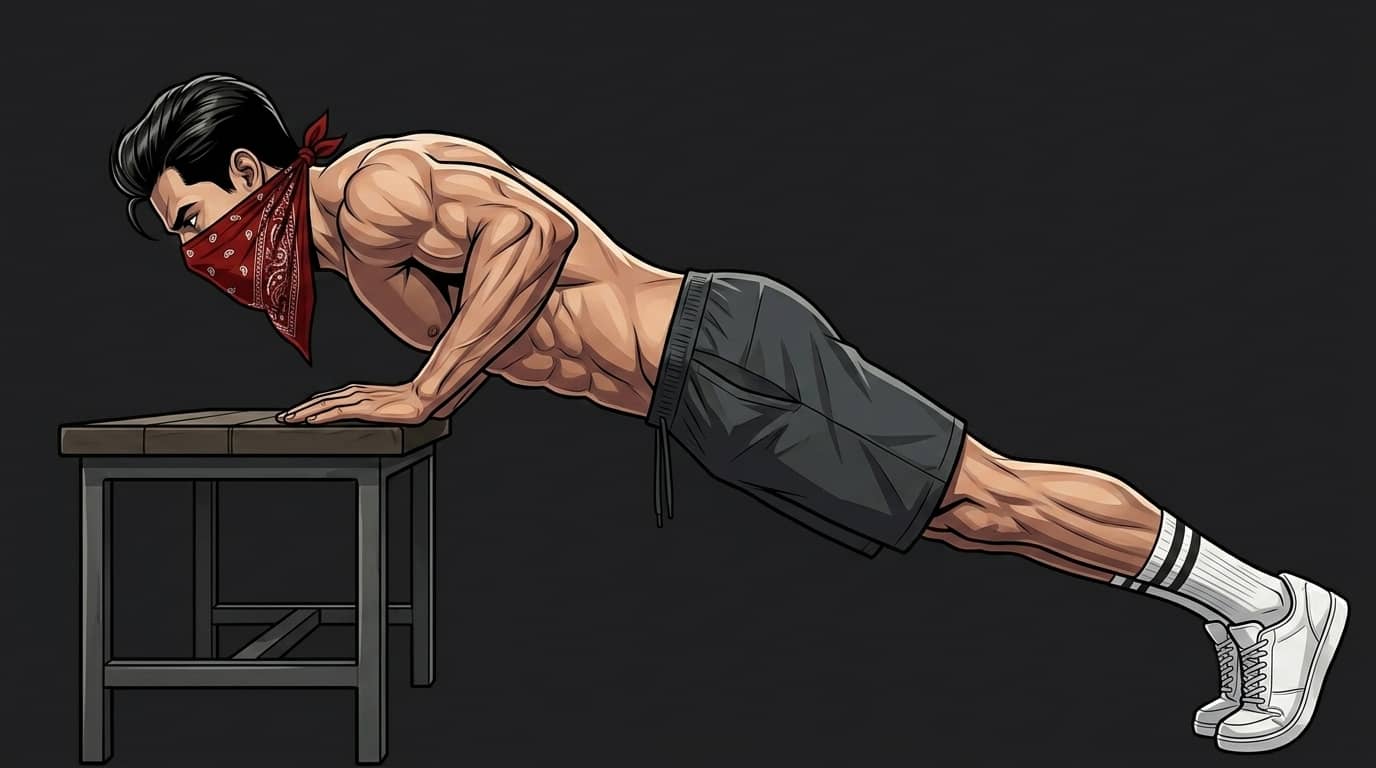 Pompe mains surélevées sur un banc, vue de profil : l'angle de poussée descendant charge le bas des pectoraux