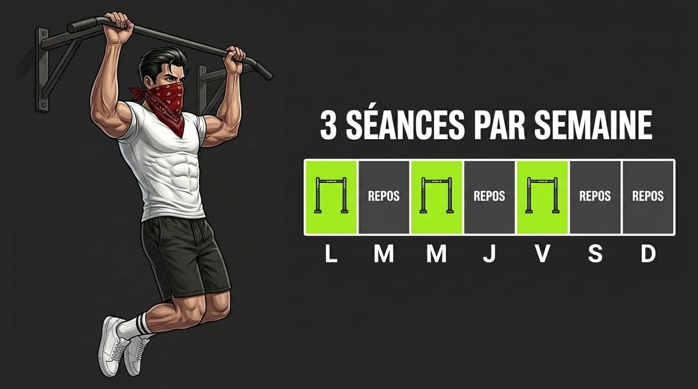 Semaine type de tractions : séances lundi, mercredi et vendredi, repos les quatre autres jours