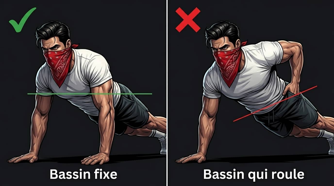 Gainage militaire, bassin fixe contre bassin qui roule : à gauche la ligne des hanches reste parallèle au sol, à droite elle bascule pendant la poussée sur le bras