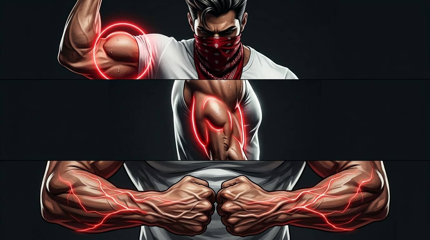 Biceps, triceps et avant-bras mis en évidence, les trois zones qui font le volume du bras