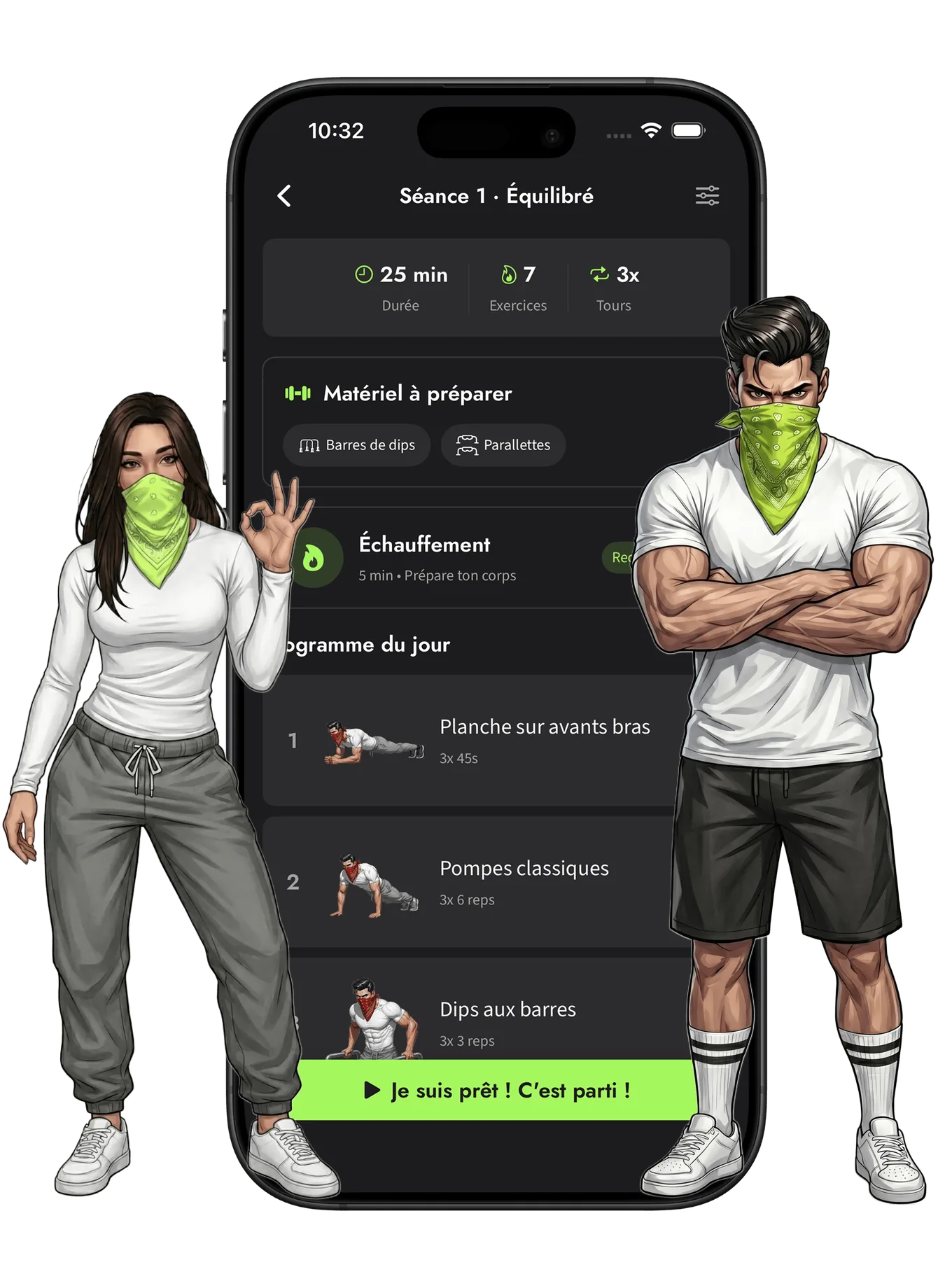 L'application Callisthénie Corner sur iPhone, entourée de ses deux coachs au bandana vert, une femme et un homme