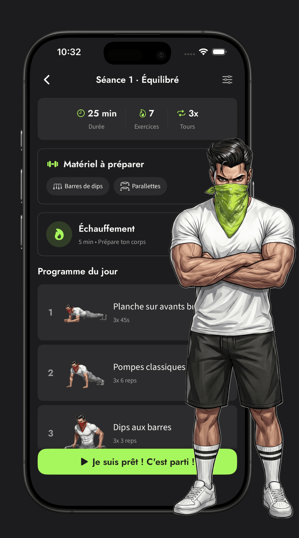 L'application Callisthénie Corner sur iPhone, à côté de la mascotte au bandana vert
