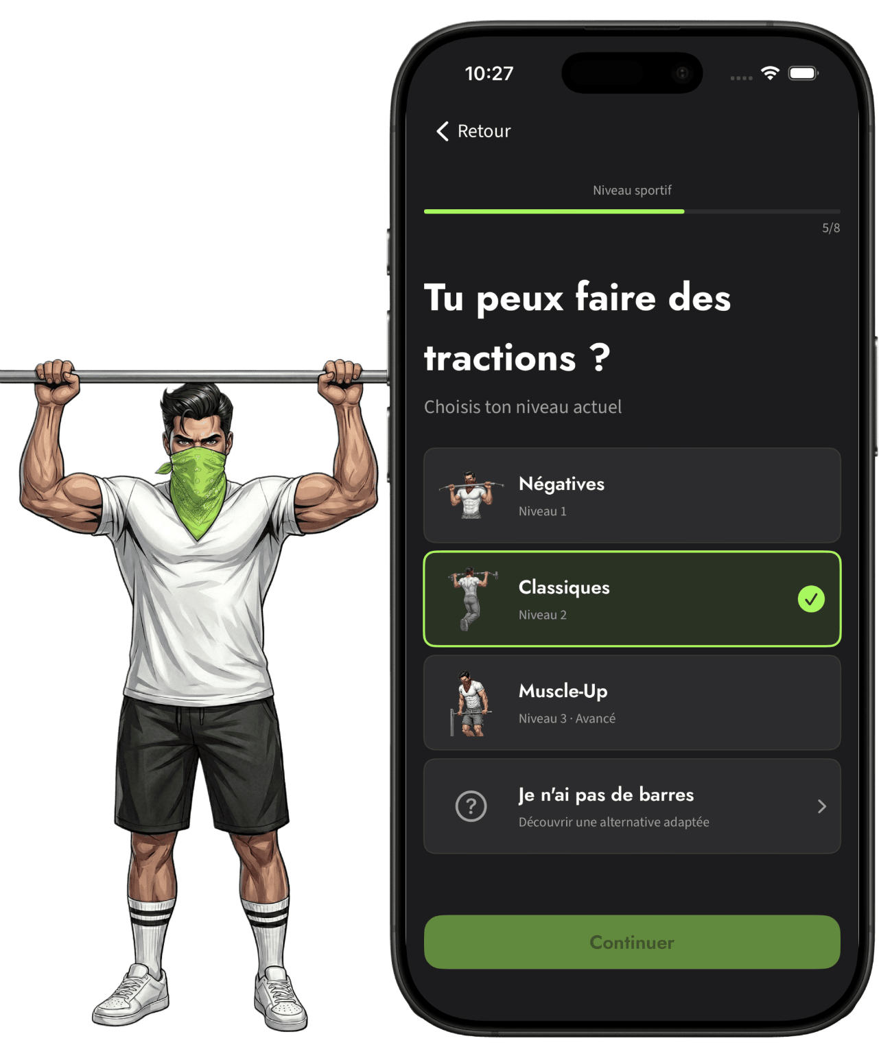 Personnage de callisthénie en traction à côté de l'écran d'onboarding de l'application Callisthénie Corner