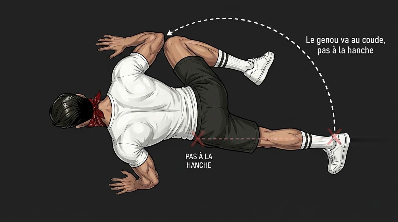 Trajectoire du genou sur la pompe spiderman, vue de dessus : le genou remonte le long du buste jusqu'au coude et ne s'arrête pas au niveau de la hanche