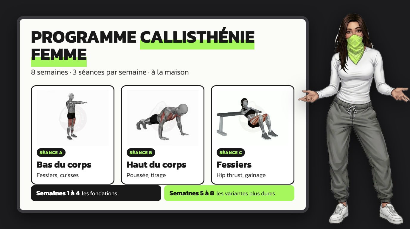 Tableau du programme callisthénie femme : trois séances par semaine sur 8 semaines, avec la coach de l'app