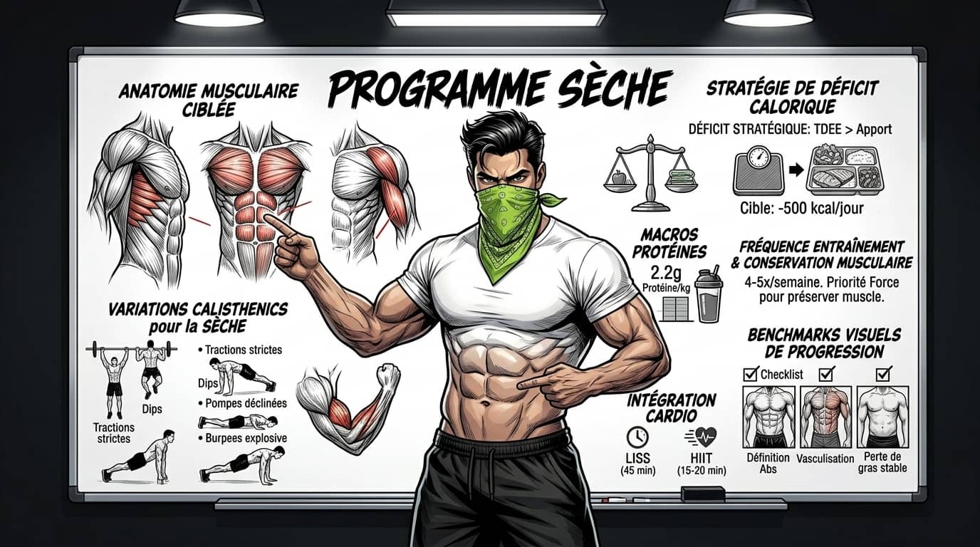 Tableau du programme de sèche en callisthénie : muscles ciblés, déficit calorique, macros, fréquence d'entraînement et repères de progression