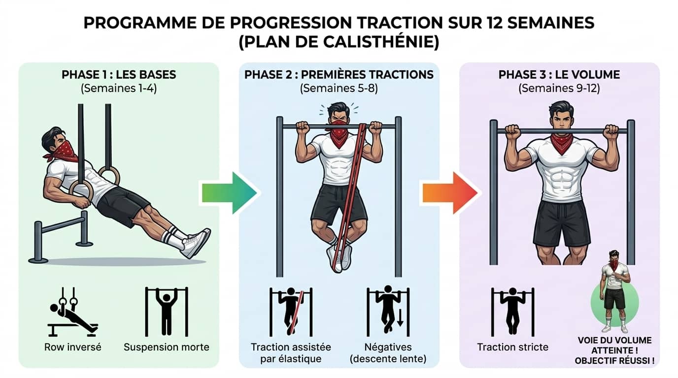 Infographie des 3 phases du programme tractions : Phase 1 Bases semaines 1-4, Phase 2 Premières tractions semaines 5-8, Phase 3 Volume semaines 9-12