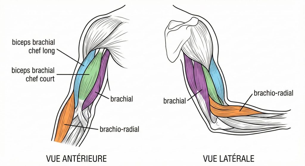 Anatomie du biceps brachial, du brachial et du brachio-radial en vue antérieure et latérale