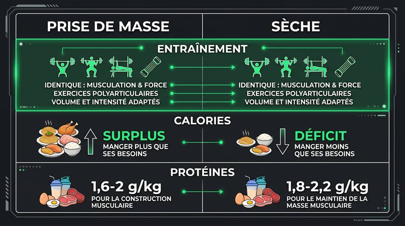 Comparaison prise de masse et sèche : l'entraînement reste identique, seules les calories et les protéines changent