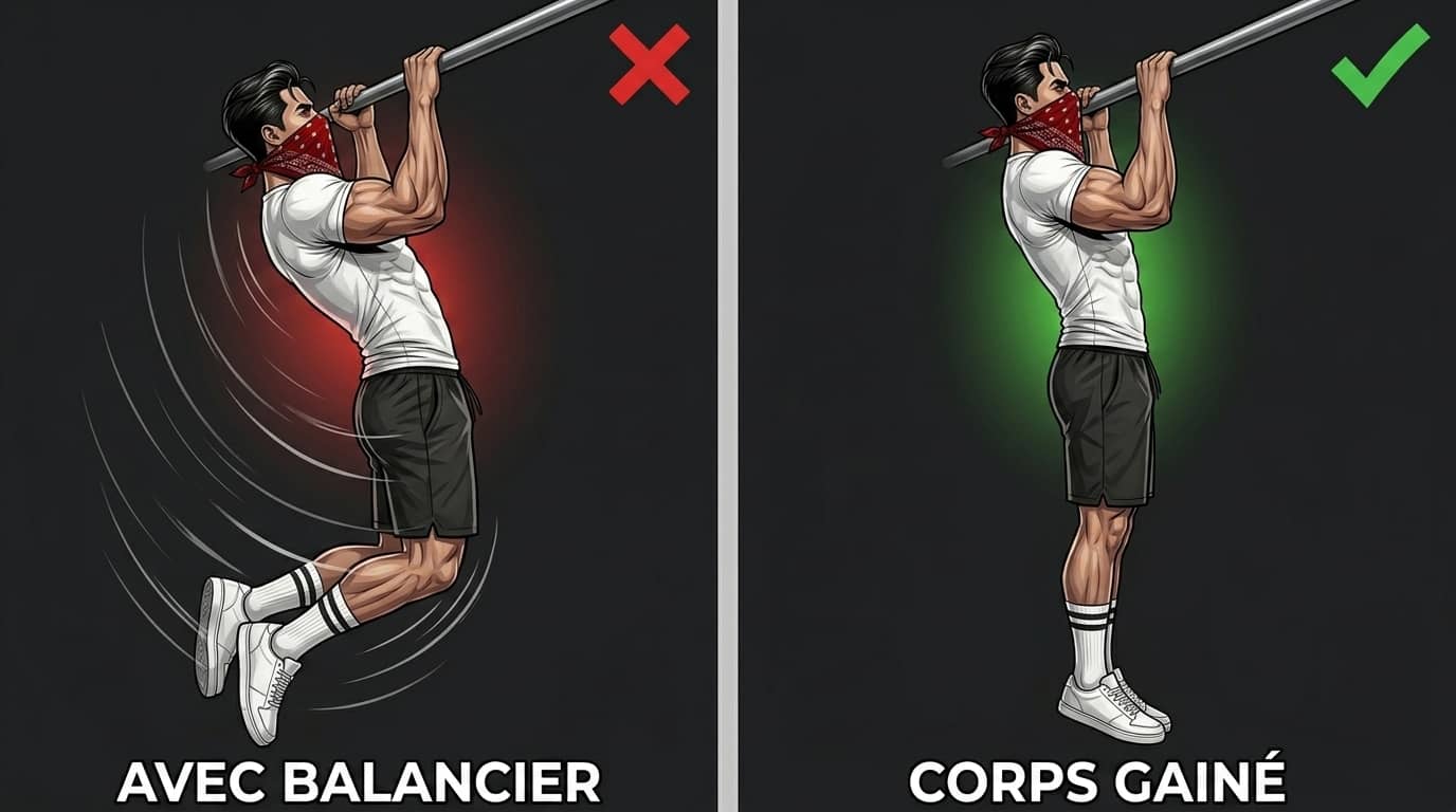 Traction commando exécutée avec un balancier de hanches qui casse l'alignement, contre un corps rigide et gainé sous la barre