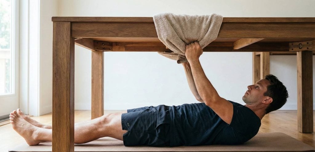 Traction australienne sous une table solide : prise sur le bord, ici protégé par une serviette, et corps tendu comme une planche