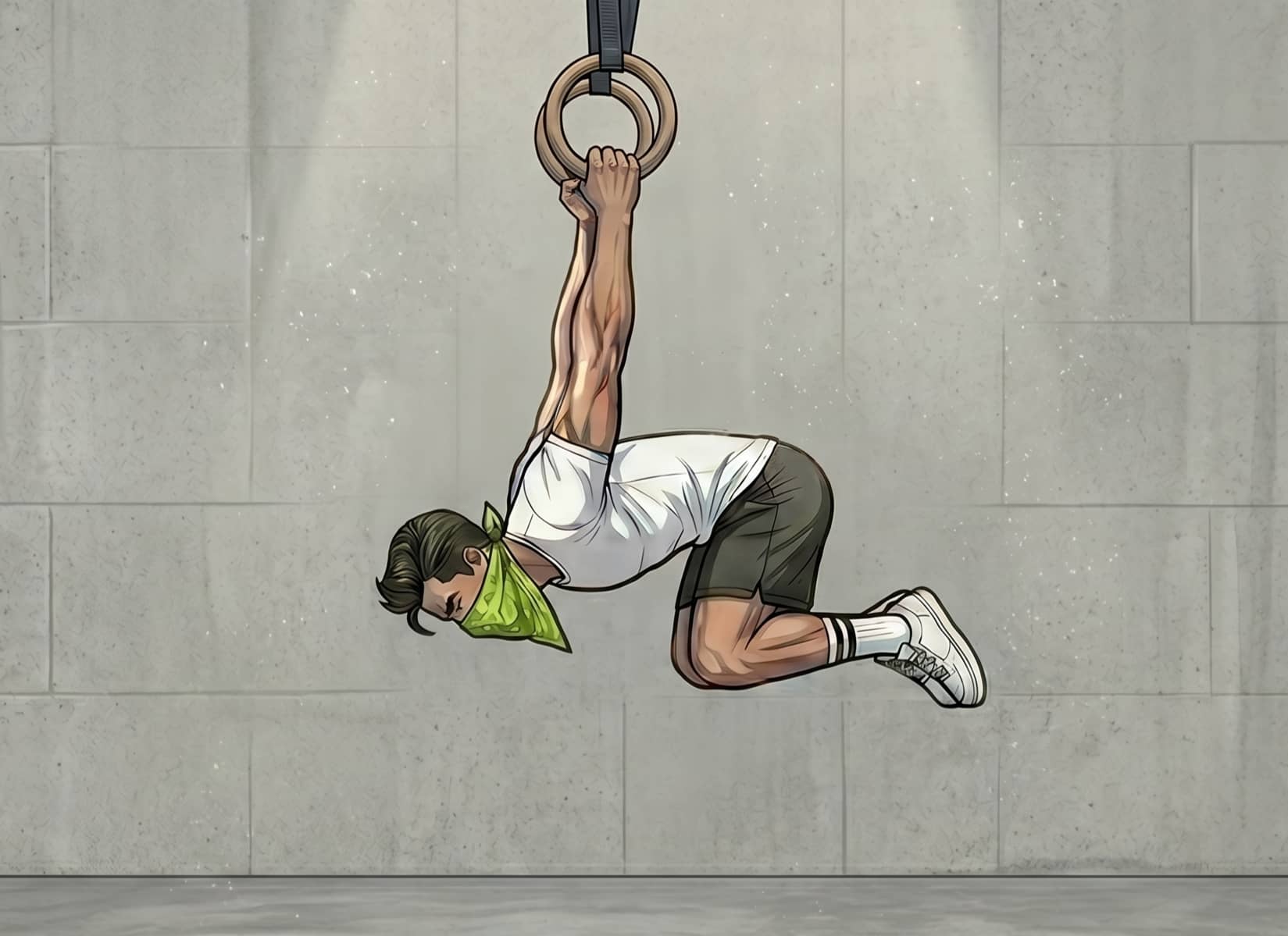 Un tuck back lever : genoux ramenés vers la poitrine, corps suspendu face au sol