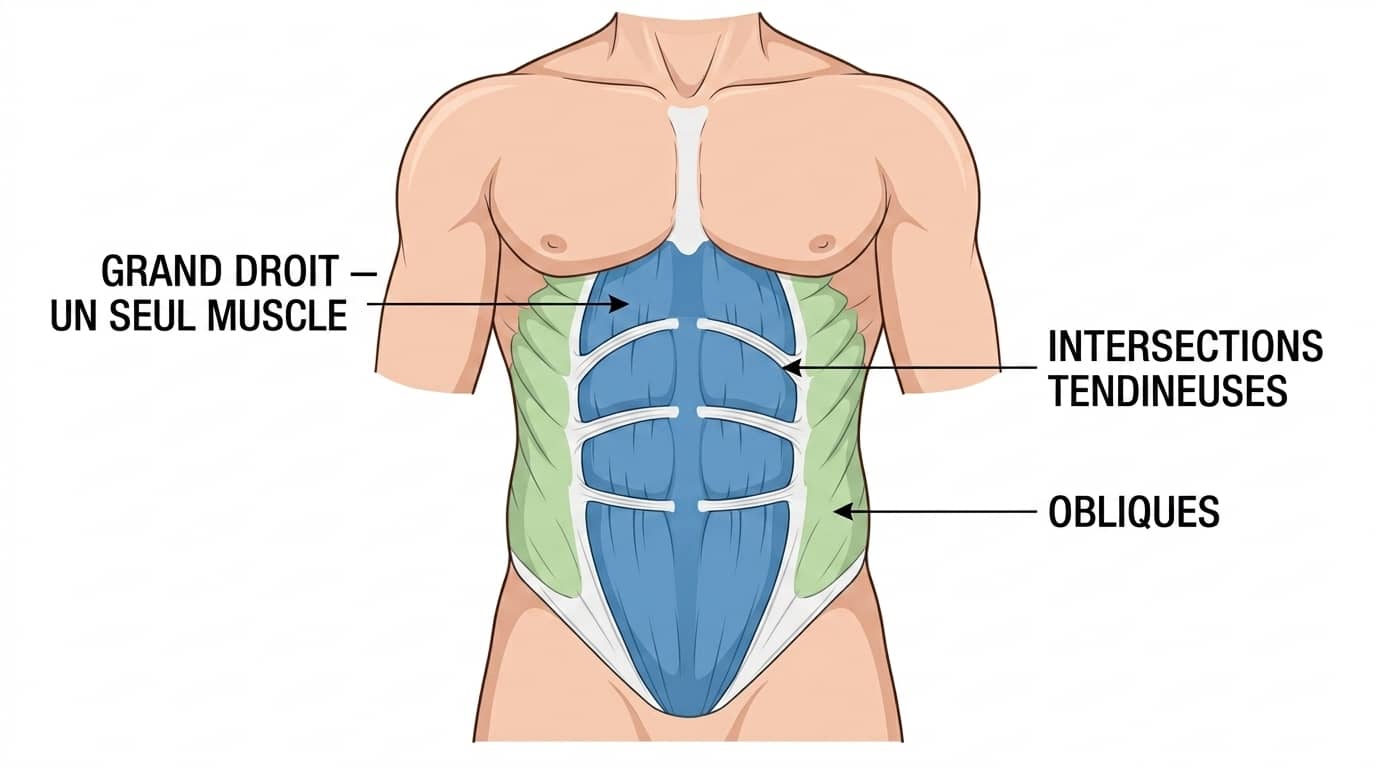 Anatomie de la sangle abdominale : le grand droit en une seule plaque continue, traversée par les intersections tendineuses, et les obliques sur les côtés